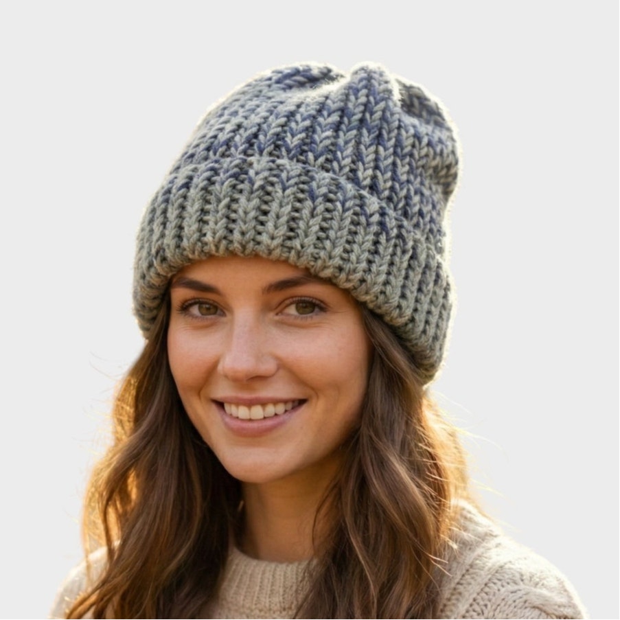 Handmade Knit Beanie Hat Purple Gray Variegated